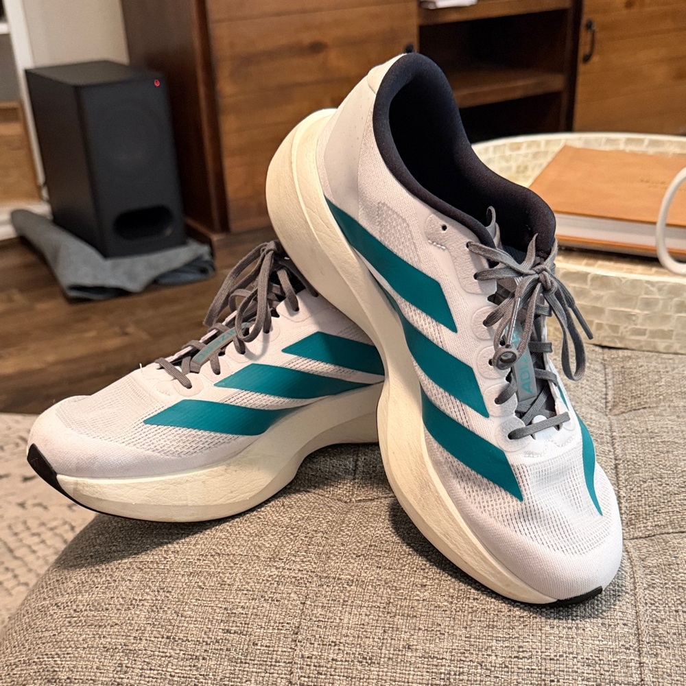 Adizero Evo SL White and Teal Running Shoes